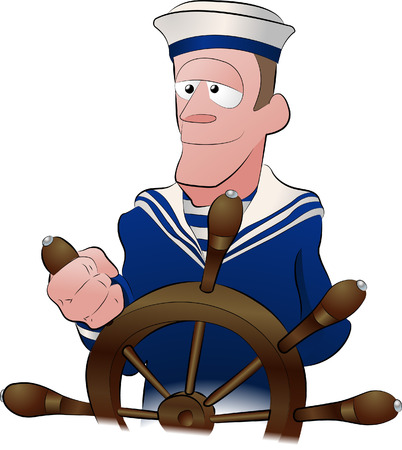 sailor illustration. An illustration of a handsome strong jawed sailor at the ships wheelのイラスト素材