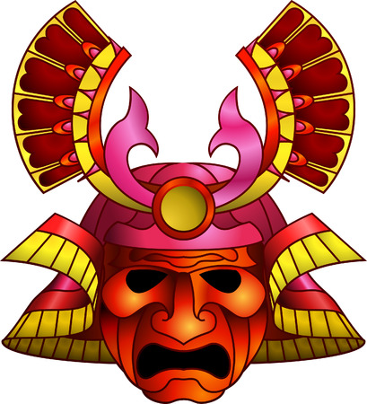 An illustration of a red orange and magenta fearsome samurai maskのイラスト素材