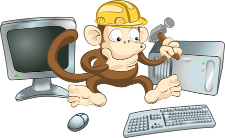 An illustration of a monkey in a hard hat trying to fix a computer with a hammer. Perhaps a website under construction image.のイラスト素材