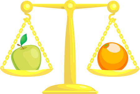 A concept vector illustration showing an apple and an orange on scales. Attempting to compare apples and oranges.のイラスト素材