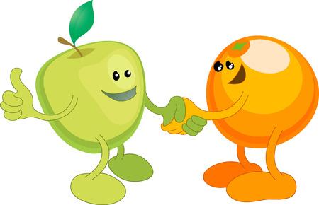 A conceptual vector illustration of an apple and orange shaking hands. Opposites attract, or different but equal, or perhaps a diverse partnership.のイラスト素材