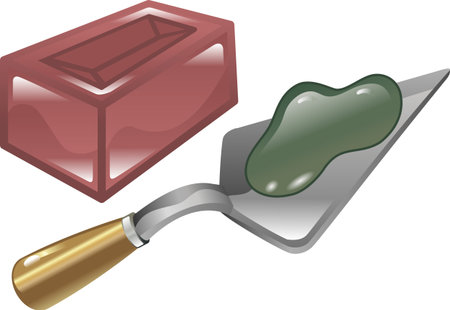 Red brick mortar and trowel shiny icon illustration のイラスト素材