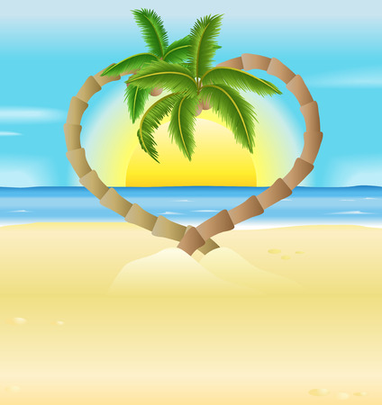 A vector illustration of a romantic beach scene  with heart shaped palm treesのイラスト素材