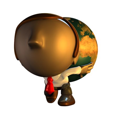 3d render business man character holding or carrying the world or globe like atlas on his back or shouldersの写真素材