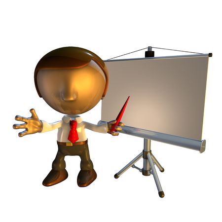 3d business man character standing with presentation equipment or screen  の写真素材
