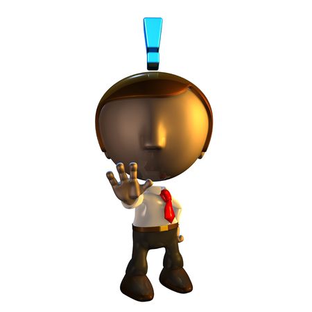 3d business man character with exclamation mark holding his hand out in warning の写真素材