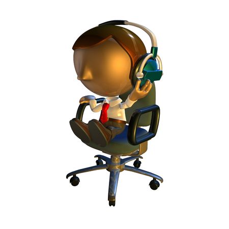 3d business man character sitting in an office chair with headphones listening の写真素材