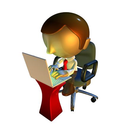 3d business man character sitting in office chair with laptop at deskの写真素材