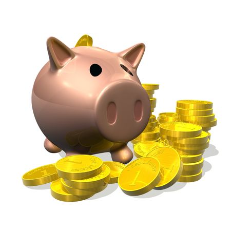 3d rendered illustration of a cartoon piggybank with gold coinsの写真素材