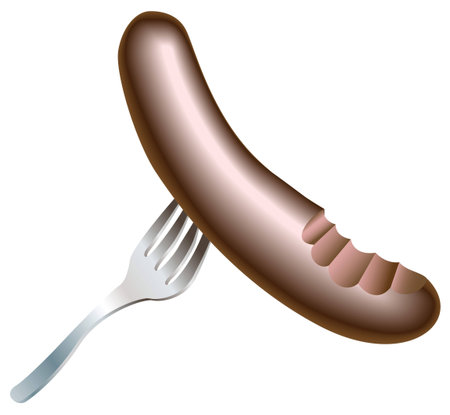 An illustration of a nice tasty juicy half eaten sausage with bite missing on a forkのイラスト素材