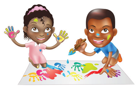 illustration of two ethnic children playing with paints on a play-matのイラスト素材