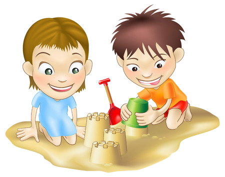 A illustration of two children playing in the sand, making sandcastlesのイラスト素材