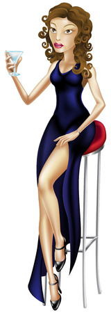 Fashion illustration of a beautiful woman seated on a bar stool with a glass of martini or similar cocktail bar stool dress ladyのイラスト素材