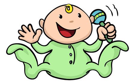 Clipart illustration of a happy cute baby playing with his or her rattle and wavingのイラスト素材