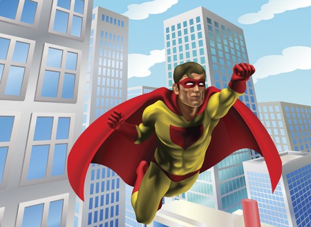 Caped super hero flying through the air in a city sceneのイラスト素材