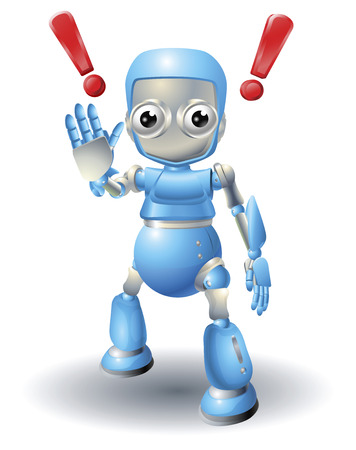 A cute blue robot character cautioning viewer with stop palm out hand gesture.のイラスト素材