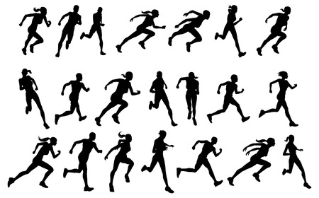 Set of silhouettes of athletic looking male and female runners runningのイラスト素材