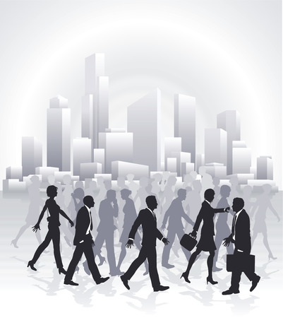 Groups of business people rushing in front of city skylineのイラスト素材