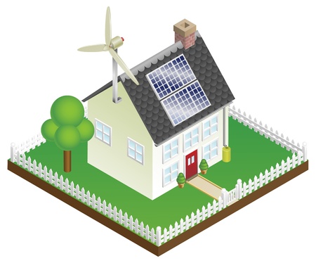 An illustration of a sustainable renewable energy house with solar panels and wind turbineのイラスト素材