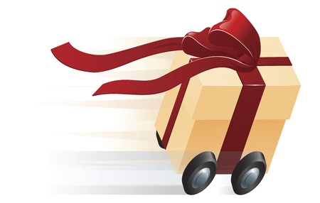 A very fast gift zooming along on wheels. Concept for shipping, fast delivery or gift wrapping.のイラスト素材