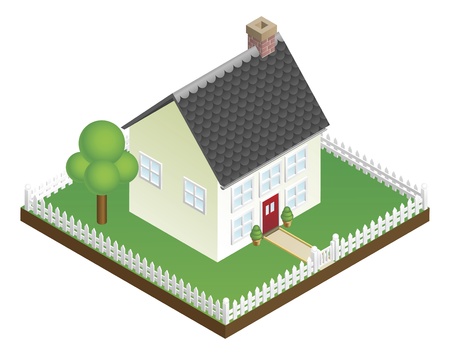 A quaint house with picket fence in isometric viewのイラスト素材