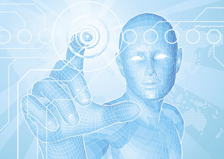 Corporate style background concept. Futuristic blue figure touching button with world map in...