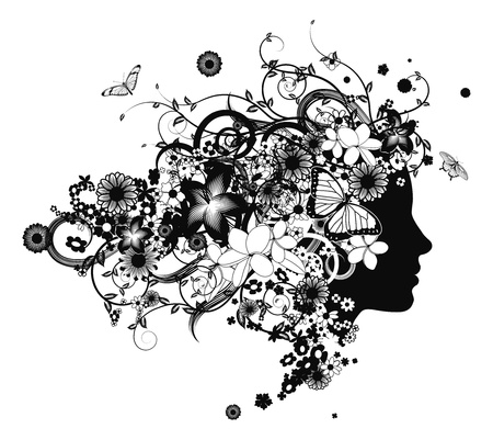 Beautiful woman with hair made of flowers with butterflies.のイラスト素材