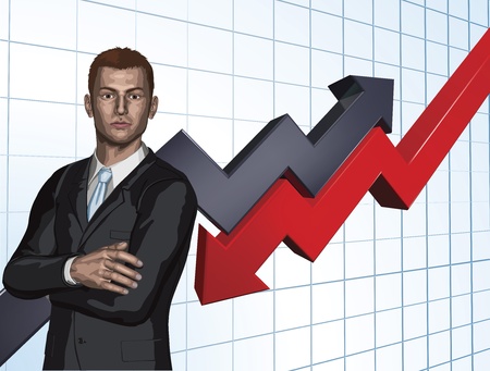 Confident young businessman in front of abstract arrow graph background conceptのイラスト素材