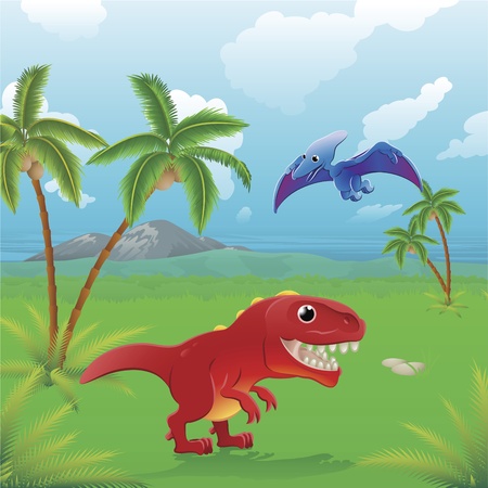 Cute dinosaurs in prehistoric scene. Series of three illustrations that can be used separately or side by side to form panoramic landscape.のイラスト素材