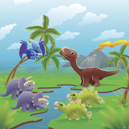 Cute dinosaurs in prehistoric scene. Series of three illustrations that can be used separately or side by side to form panoramic landscape.のイラスト素材
