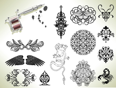Series set of tattoo flash design elements with tattooists gun or machineのイラスト素材