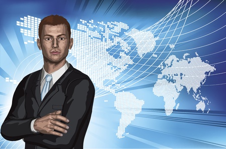 Confident young businessman in front of abstract world map background conceptのイラスト素材