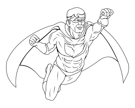 Monochrome illustration of  a  hero man dressed costume with cape flying through the airのイラスト素材