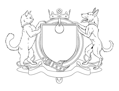 Cat and dog pets heraldic shield coat of arms. Notice the collar instead of garter.のイラスト素材