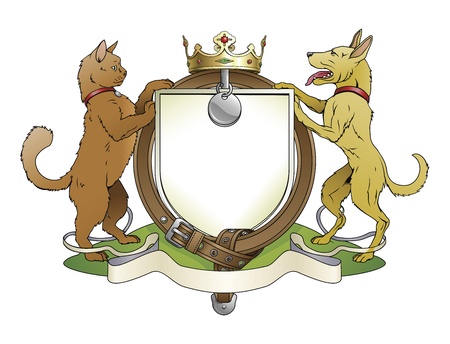 Cat and dog pets heraldic shield coat of arms. Notice the collar instead of garter.のイラスト素材