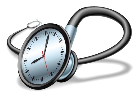 Medical time concept. Stethoscope with clock on face, concept for time pressure in healthcare or waiting lists etc.のイラスト素材