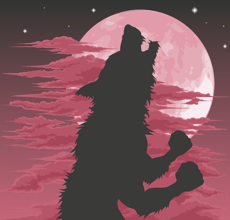A frightening werewolf silhouette howling at the moon. Halloween illustration.のイラスト素材