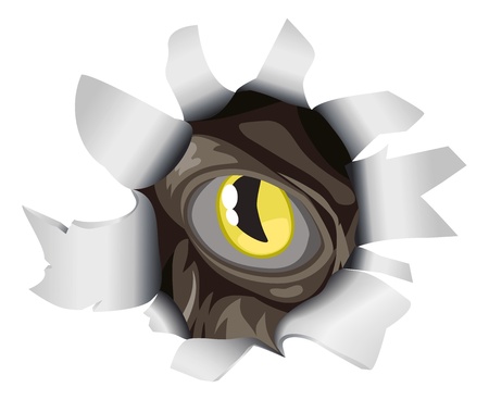An evil creature eye peering through a hole torn in the backgroundのイラスト素材