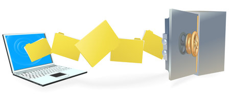 Laptop computer uploading or downloading files to secure internet server or backing up securely.のイラスト素材