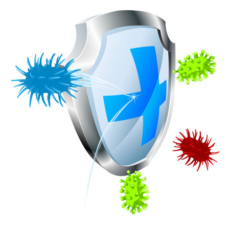 Shield with virus or bacteria bouncing off it. Antibacterial or antiviral concept. Could also represent computer virus.のイラスト素材