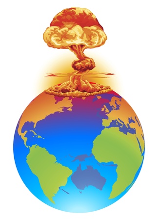 A mushroom cloud explosion on the world globe. Concept global disaster, catastrophe, end of the world etc.のイラスト素材