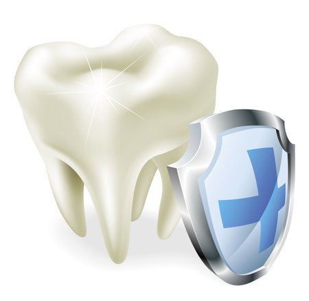 Protected teeth concept. Shiny tooth illustration with protective shield symbol.のイラスト素材