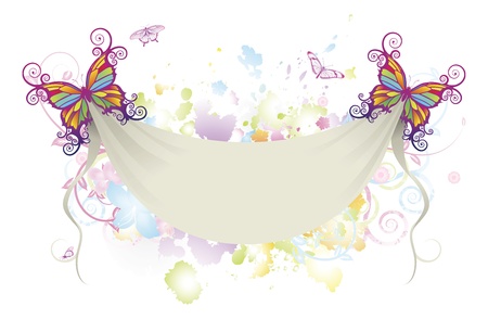 Abstract background of flowers with butterflies holding up a sheet banner with space for textのイラスト素材