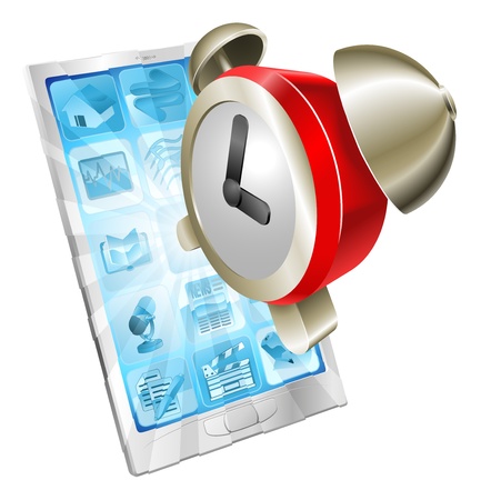 Alarm clock icon coming out of mobile phone screen conceptのイラスト素材