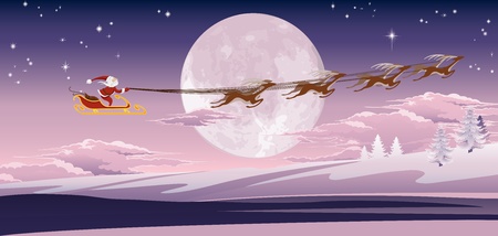 Santa's sled flying through the air in front of the moon.のイラスト素材