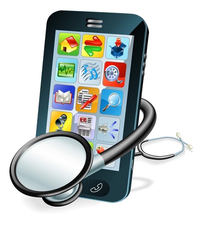 A mobile phone with stethoscope wrapped round it. Problem diagnosis conceptのイラスト素材