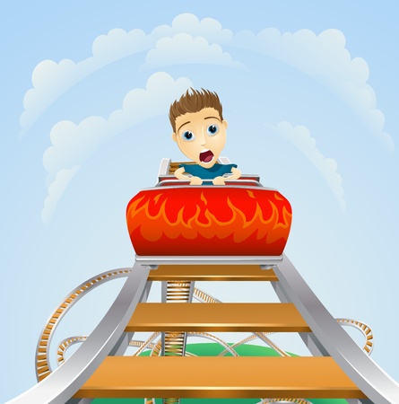 Cartoon of a young boy or man looking terrified on a roller coaster rideのイラスト素材