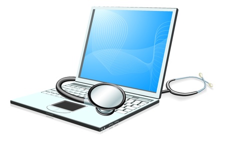 A laptop pc computer with stethoscope wrapped round it. Health check concept.のイラスト素材