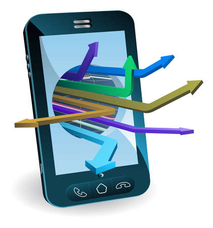 Phone with arrows coming out of screen. Technology concept.のイラスト素材