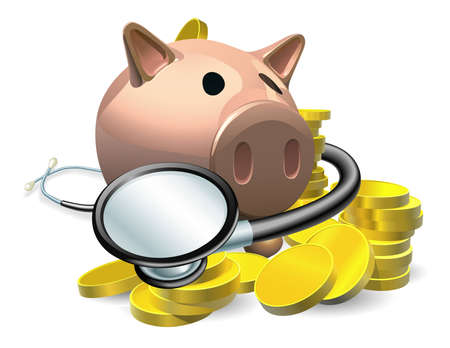 Financial health check concept. A piggy bank with coins and stethoscope wrapped round it.のイラスト素材